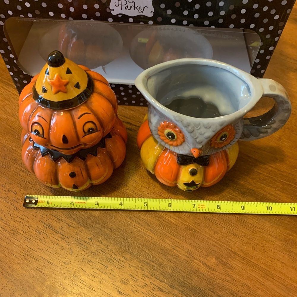 Halloween sugar and creamer set NIB Orange Black Gray Yellow pumpkin and owl - Picture 3 of 5